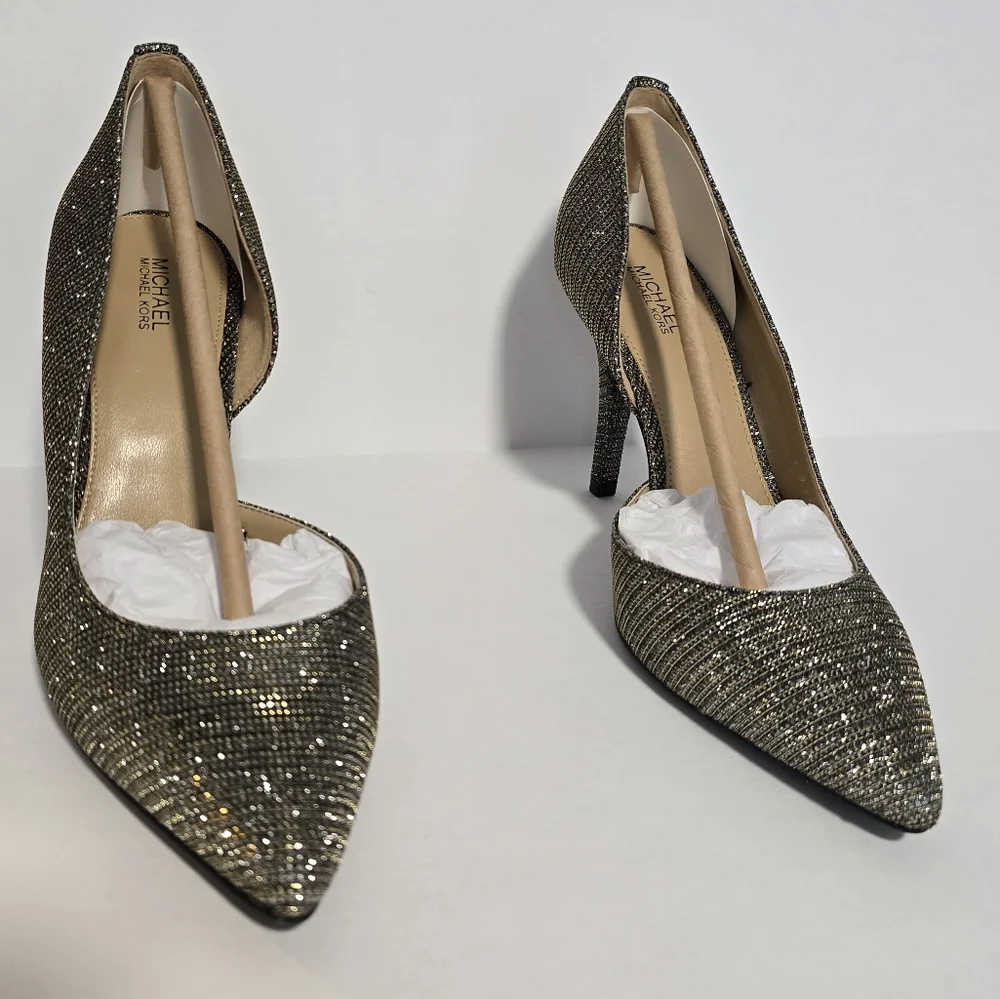 New Michael Kors Nathalie Flex High Pump Black Gold Glitter Mesh, Size 7.5M - Picture 3 of 17